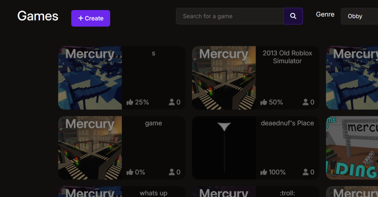 Screenshot of Mercury games page